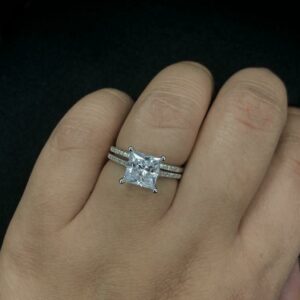 2.15 Carat Princess Cut White Diamond Engagement Ring Set 14k Gold Plated