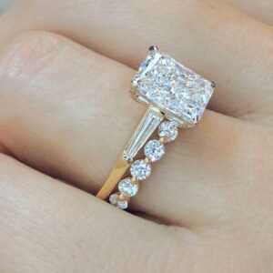 3.20 Ctw Radiant Cut Diamond Baguette Accents Engagement Ring & Band 10k Yellow Gold