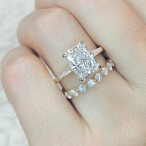 3.20 Ctw Radiant Cut Diamond Baguette Accents Engagement Ring & Band 10k Yellow Gold