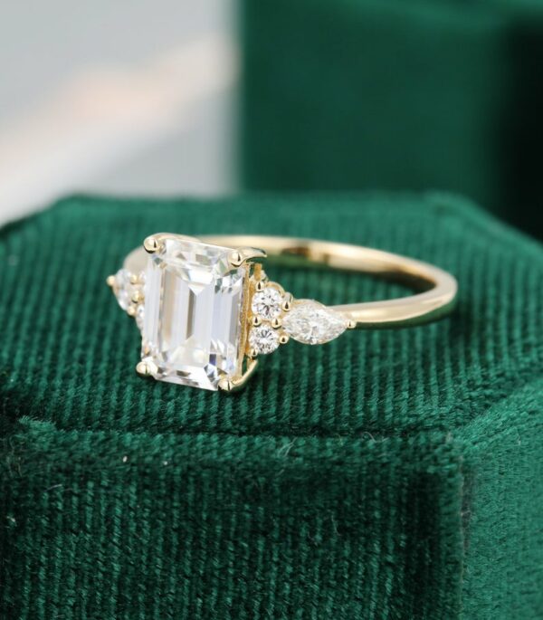 2.42 Ctw Emerald Cut White Diamond Side Stone Engagement Ring 14k Yellow Gold Plated