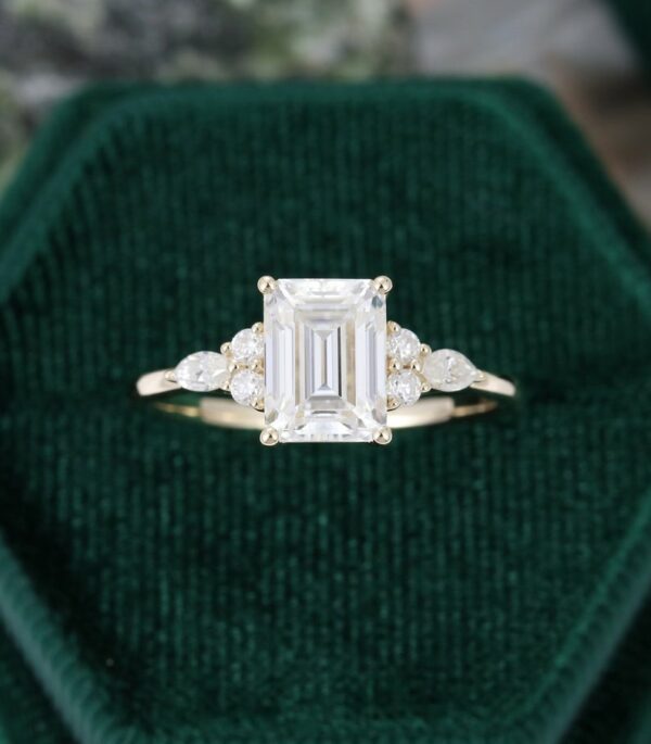 2.42 Ctw Emerald Cut White Diamond Side Stone Engagement Ring 14k Yellow Gold Plated