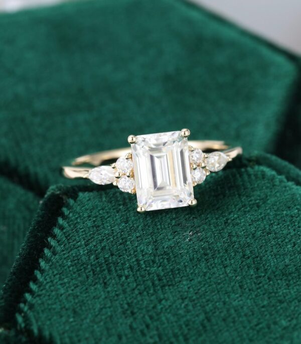 2.42 Ctw Emerald Cut White Diamond Side Stone Engagement Ring 14k Yellow Gold Plated