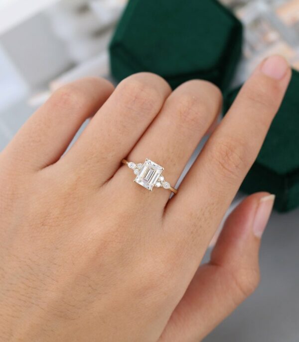 2.42 Ctw Emerald Cut White Diamond Side Stone Engagement Ring 14k Yellow Gold Plated