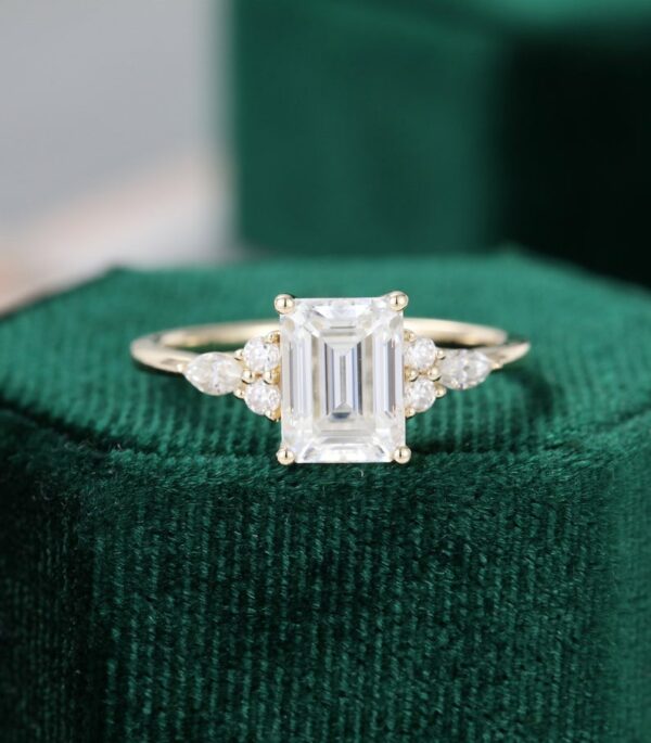 2.42 Ctw Emerald Cut White Diamond Side Stone Engagement Ring 14k Yellow Gold Plated