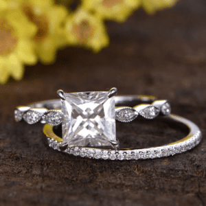 2.53 Ctw Princess Diamond Engagement Ring Art Deco Bridal Set 14k White Gold
