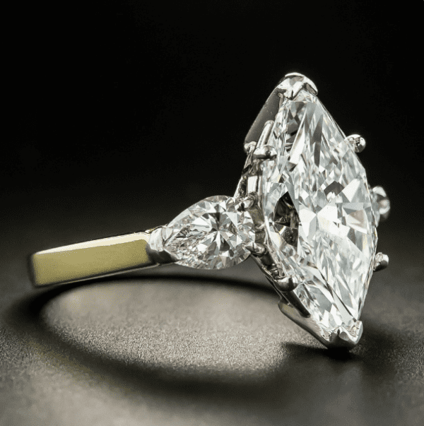 3 Stone 4.32 Ctw Marquise Cut & Pear Cut Diamond 2 Tone Engagement Ring Solid 14k Yellow Gold