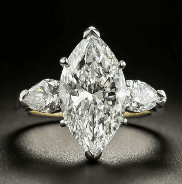 3 Stone 4.32 Ctw Marquise Cut & Pear Cut Diamond 2 Tone Engagement Ring Solid 14k Yellow Gold