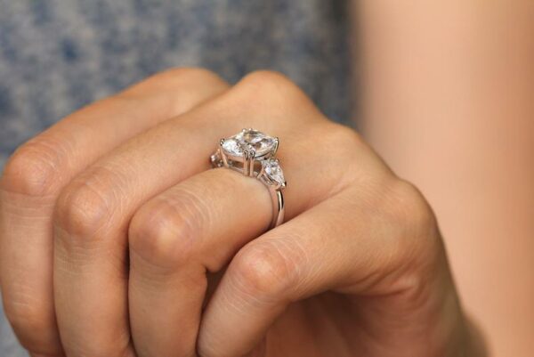 2.80 Ctw Cushion Cut & Side Pear Diamond 3Stone Engagement Ring 14K White Gold Plated
