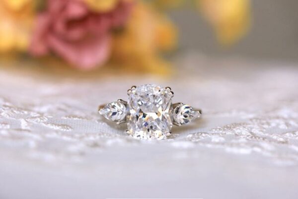 2.80 Ctw Cushion Cut & Side Pear Diamond 3Stone Engagement Ring 14K White Gold Plated