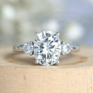 3.00 Ctw forever One Oval & Side Round Diamond 3 Stone Engagement Ring 14K White Gold