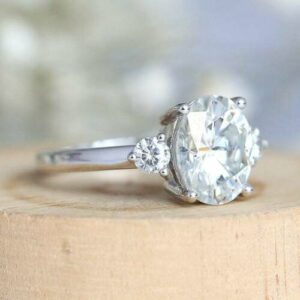 3.00 Ctw forever One Oval & Side Round Diamond 3 Stone Engagement Ring 14K White Gold