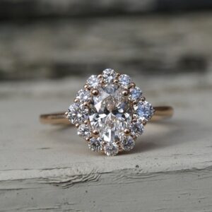 2.56 Ctw Brilliant Oval Cut Diamond flower Halo Engagement Ring solid 14K Rose Gold