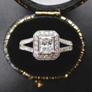 2.10 Ctw Radiant Cut Diamond Halo With 2 Shank Engagement Ring 925 Sterling Silver