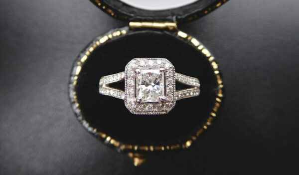 2.10 Ctw Radiant Cut Diamond Halo With 2 Shank Engagement Ring 925 Sterling Silver