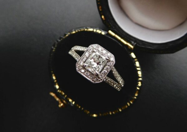 2.10 Ctw Radiant Cut Diamond Halo With 2 Shank Engagement Ring 925 Sterling Silver