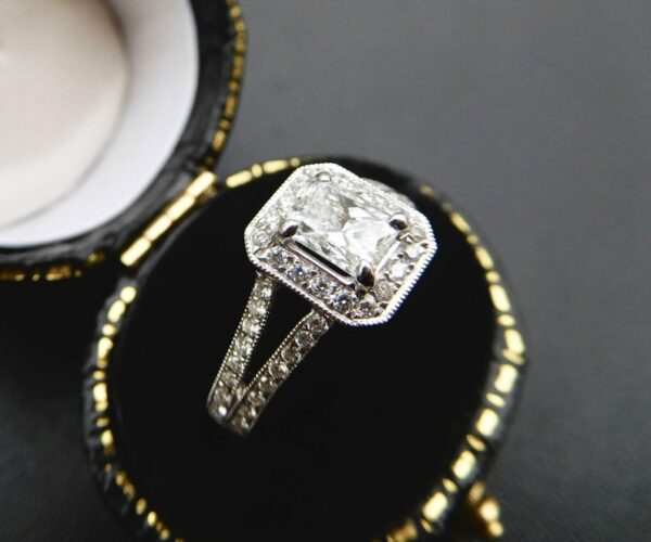 2.10 Ctw Radiant Cut Diamond Halo With 2 Shank Engagement Ring 925 Sterling Silver