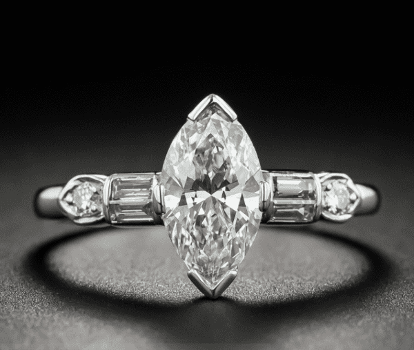 Vintage 2.35 Ctw Marquise Diamond V-Prong Solitaire Engagement Ring 14K Gold Plated