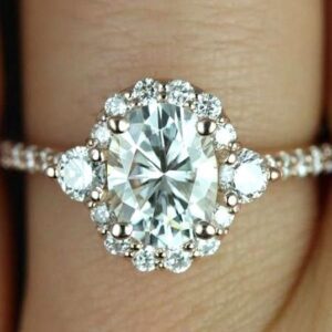 2.63 Ctw Forever One Oval Diamond Flower Halo Engagement Ring 14K Rose Gold Plated