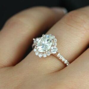 2.63 Ctw Forever One Oval Diamond Flower Halo Engagement Ring 14K Rose Gold Plated