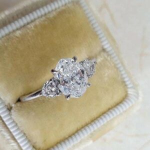3 Stone 2.62 Ctw Oval Cut & Side Heart Shape Diamond Engagement Ring 14k White Gold
