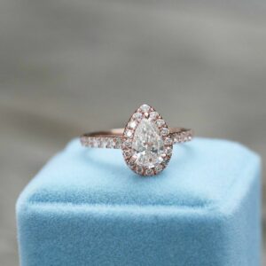 2.25 Ctw White Pear Shape Diamond Halo Engagement Ring Real 14k Rose Gold