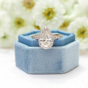 2.25 Ctw White Pear Shape Diamond Halo Engagement Ring Real 14k Rose Gold