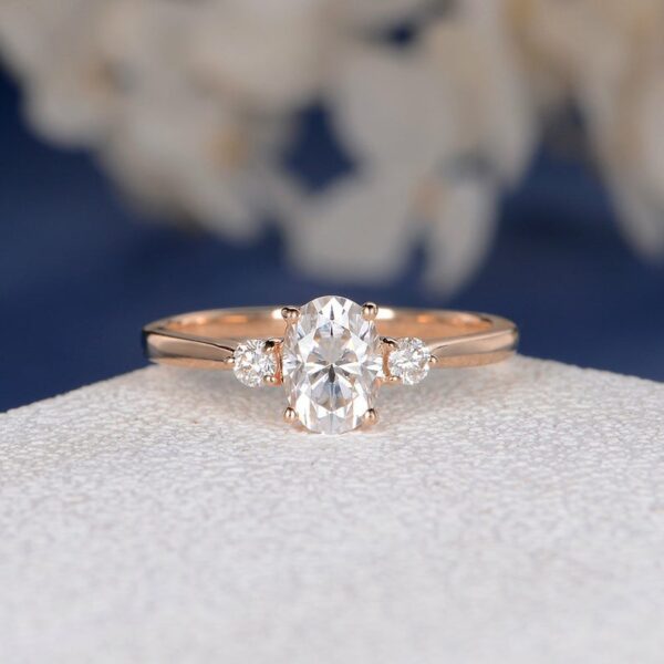2.48Ctw Oval Cut & Round Cut Brilliant Diamond 3 Stone Engagement Ring 14k Rose Gold Over