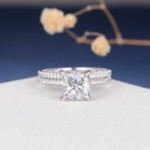 2.70 Ctw Princess Cut Diamond Hidden Halo Engagement Ring Set 14k White Gold Finish