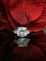 Huge 3.10 Ctw Cushion Cut & Round Cut 3-Stone Diamond Engagement Ring 925 Sterling Silver
