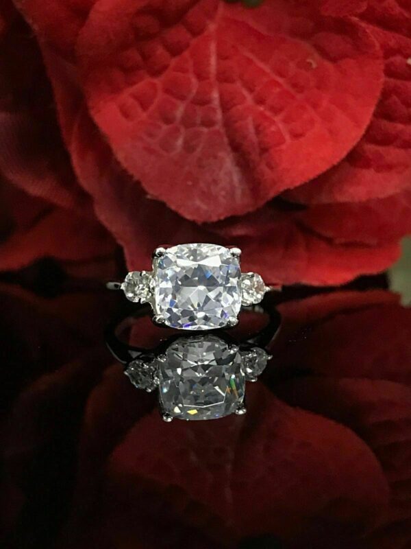 Huge 3.10 Ctw Cushion Cut & Round Cut 3-Stone Diamond Engagement Ring 925 Sterling Silver