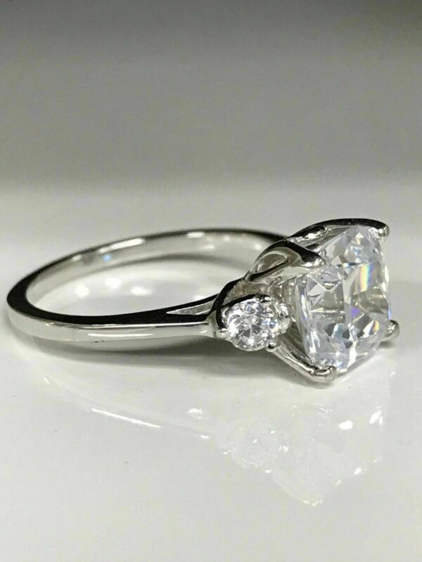 Huge 3.10 Ctw Cushion Cut & Round Cut 3-Stone Diamond Engagement Ring 925 Sterling Silver