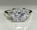 Huge 3.10 Ctw Cushion Cut & Round Cut 3-Stone Diamond Engagement Ring 925 Sterling Silver