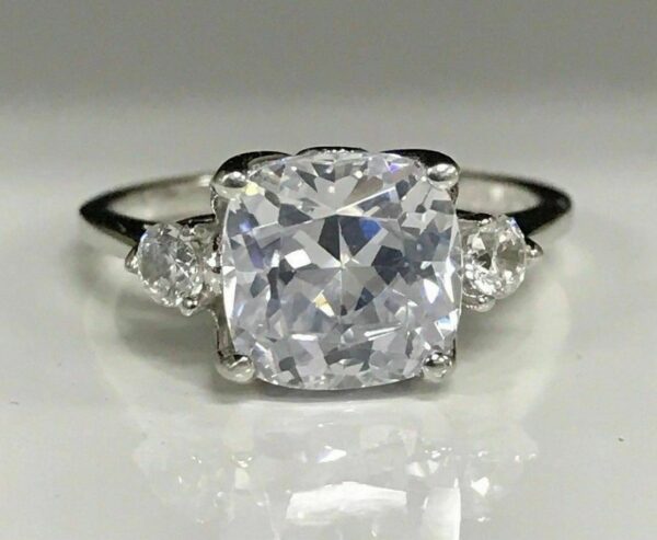 Huge 3.10 Ctw Cushion Cut & Round Cut 3-Stone Diamond Engagement Ring 925 Sterling Silver