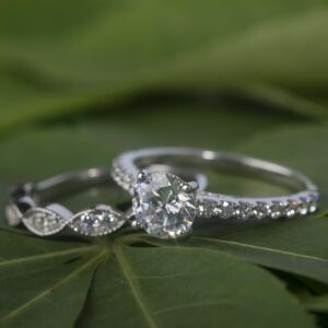 Art Deco Style Bridal Wedding Set In 2.10 Ctw Round Diamond Engagement Ring Set 14k White Gold