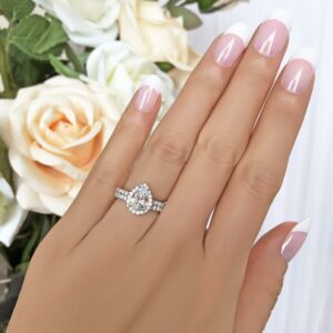 2.50 Ctw White Pear Shape Diamond Halo Engagement Ring Bridal Set Real 14k White Gold