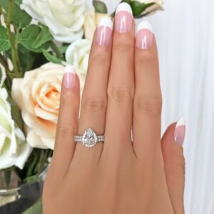2.50 Ctw White Pear Shape Diamond Halo Engagement Ring Bridal Set Real 14k White Gold