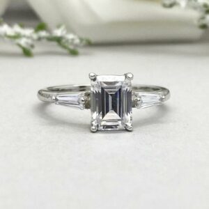 2.23 Carat Emerald Cut White Diamond Baguette Accents Engagement Ring 14k White Gold Over