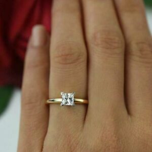 1.60 Carat Mini Princess Cut White Diamond V-Prong Solitaire Engagement Ring 14k Yellow Gold Plated
