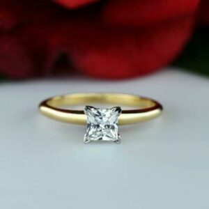1.60 Carat Mini Princess Cut White Diamond V-Prong Solitaire Engagement Ring 14k Yellow Gold Plated