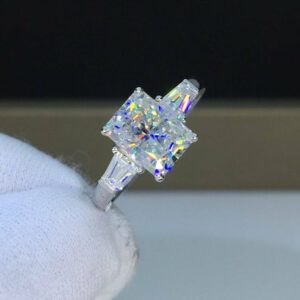 2.92 Ctw Radiant Cut Diamond With Side Baguette Engagement Ring Solid 10k White Gold