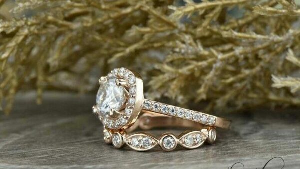 2.70 Ctw Cushion Cut Diamond Halo Bridal Set Engagement Ring Set 14k Rose Gold Over