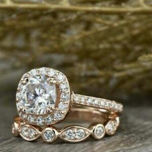 2.70 Ctw Cushion Cut Diamond Halo Bridal Set Engagement Ring Set 14k Rose Gold Over