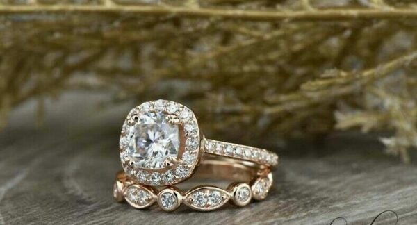 2.70 Ctw Cushion Cut Diamond Halo Bridal Set Engagement Ring Set 14k Rose Gold Over