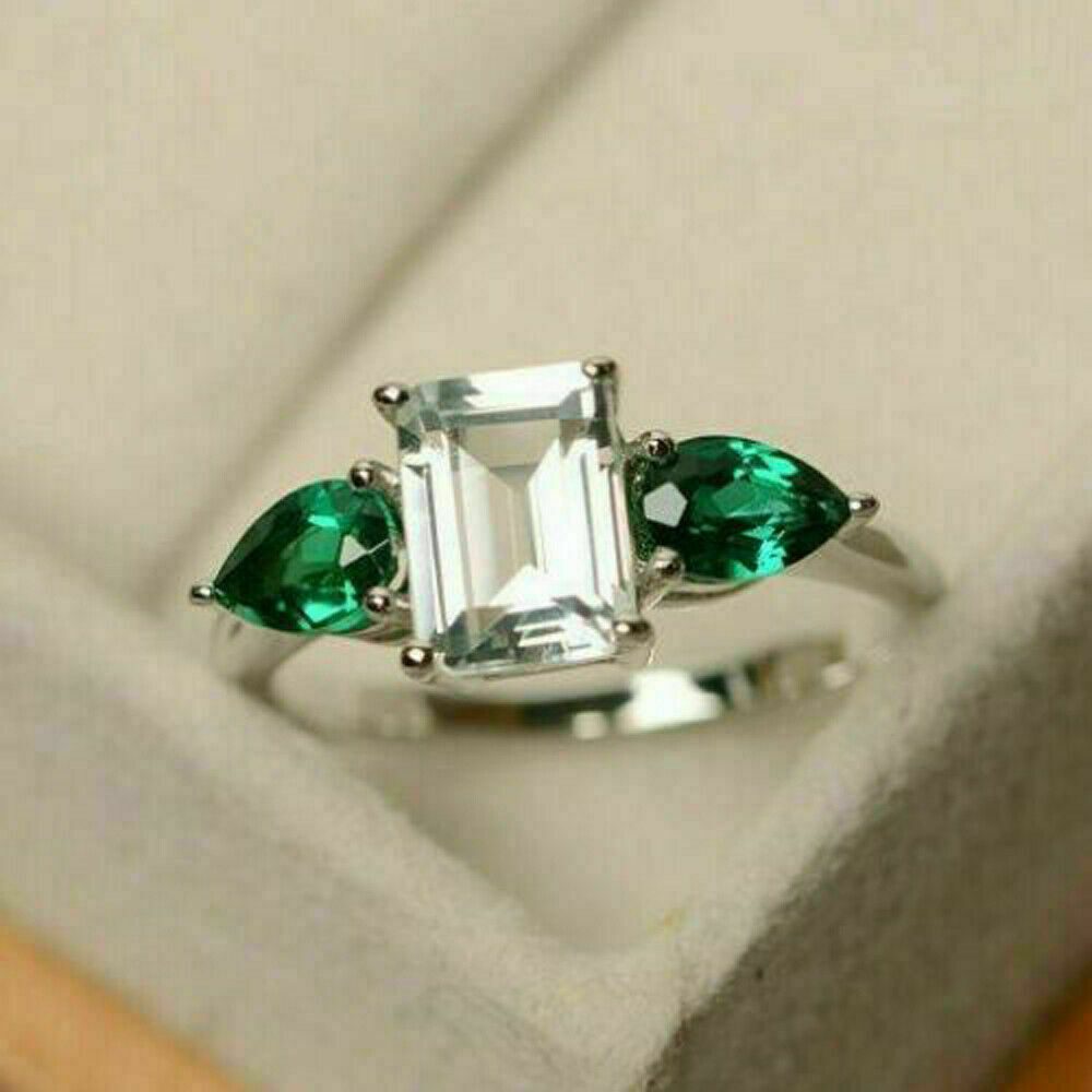 Emerald  Solitaire W/ Accents Engagement Ring 14K Gold Over Silver