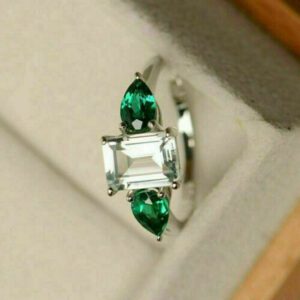 2.60 Ctw Emerald & Round Cut Solitaire Diamond With Accent Engagement Ring 14K Gold Plated
