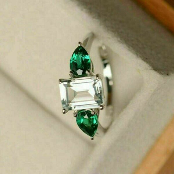 2.60 Ctw Emerald & Round Cut Solitaire Diamond With Accent Engagement Ring 14K Gold Plated
