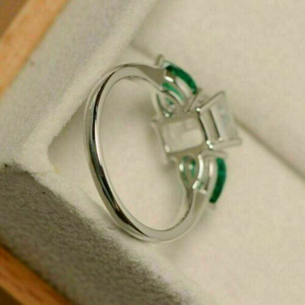 2.60 Ctw Emerald & Round Cut Solitaire Diamond With Accent Engagement Ring 14K Gold Plated