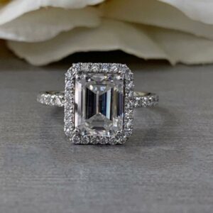 Gorgeous 3.00 Ctw Emerald Cut White Diamond Halo Engagement Ring 14k White Gold Plated