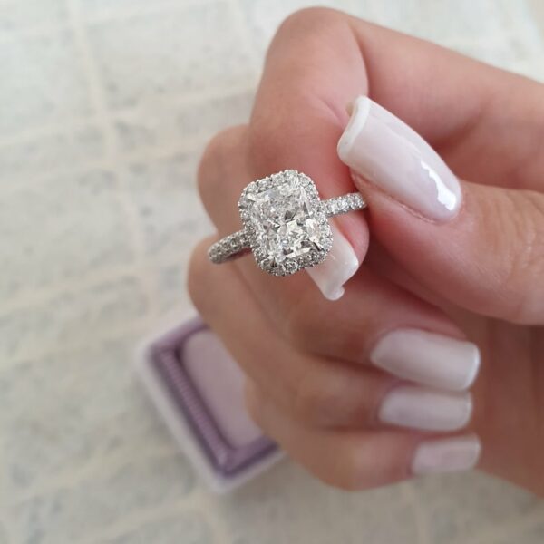 3.12 Ctw White Radiant Cut Diamond Halo With 3-Row Accents Engagement Ring 10k White Gold