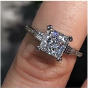 2.63 Ctw Solitaire Princess Cut Brilliant Diamond With Accents Engagement Ring Real 14k White Gold